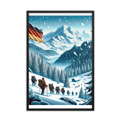 Quadratische Winterillustration der Alpen mit deutscher Flagge und Wanderteam - Premium Poster mit Rahmen wandern xxx yyy zzz 61 x 91.4 cm