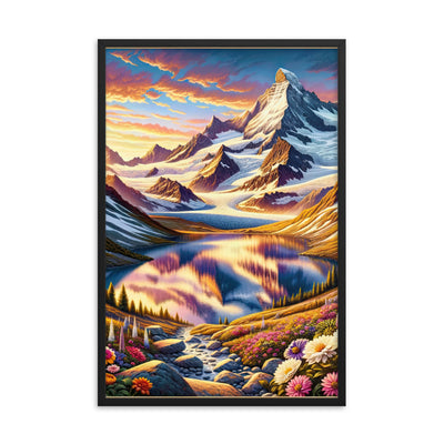 Quadratische Illustration der Alpen mit schneebedeckten Gipfeln und Wildblumen - Premium Poster mit Rahmen berge xxx yyy zzz 61 x 91.4 cm
