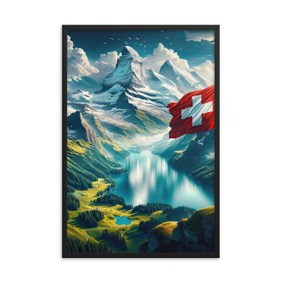 Ultraepische, fotorealistische Darstellung der Schweizer Alpenlandschaft mit Schweizer Flagge - Premium Poster mit Rahmen berge xxx yyy zzz 61 x 91.4 cm