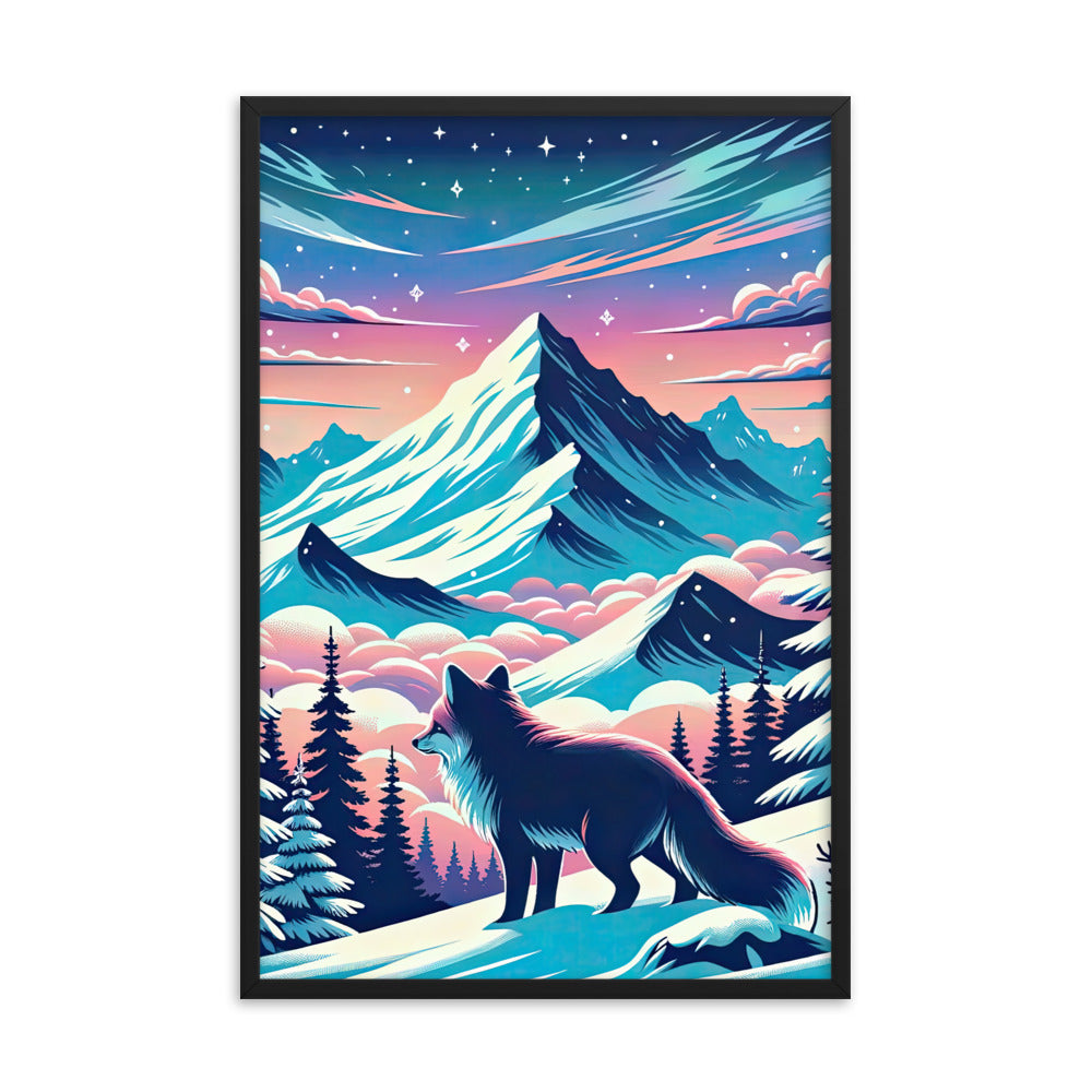 Vektorgrafik eines alpinen Winterwunderlandes mit schneebedeckten Kiefern und einem Fuchs - Premium Poster mit Rahmen camping xxx yyy zzz 61 x 91.4 cm