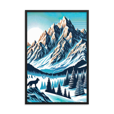 Vektorgrafik eines Wolfes im winterlichen Alpenmorgen, Berge mit Schnee- und Felsmustern - Premium Poster mit Rahmen berge xxx yyy zzz 61 x 91.4 cm