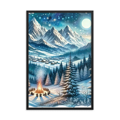 Aquarell eines Winterabends in den Alpen mit Lagerfeuer und Wanderern, glitzernder Neuschnee - Premium Poster mit Rahmen camping xxx yyy zzz 61 x 91.4 cm