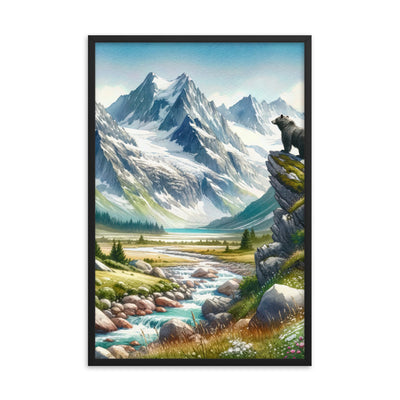 Aquarellmalerei eines Bären und der sommerlichen Alpenschönheit mit schneebedeckten Ketten - Premium Poster mit Rahmen camping xxx yyy zzz 61 x 91.4 cm