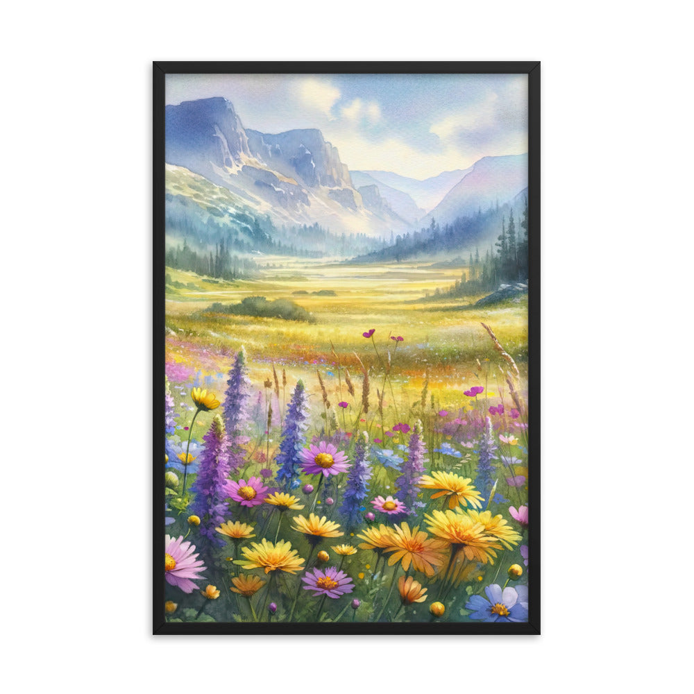 Aquarell einer Almwiese in Ruhe, Wildblumenteppich in Gelb, Lila, Rosa - Premium Poster mit Rahmen berge xxx yyy zzz 61 x 91.4 cm