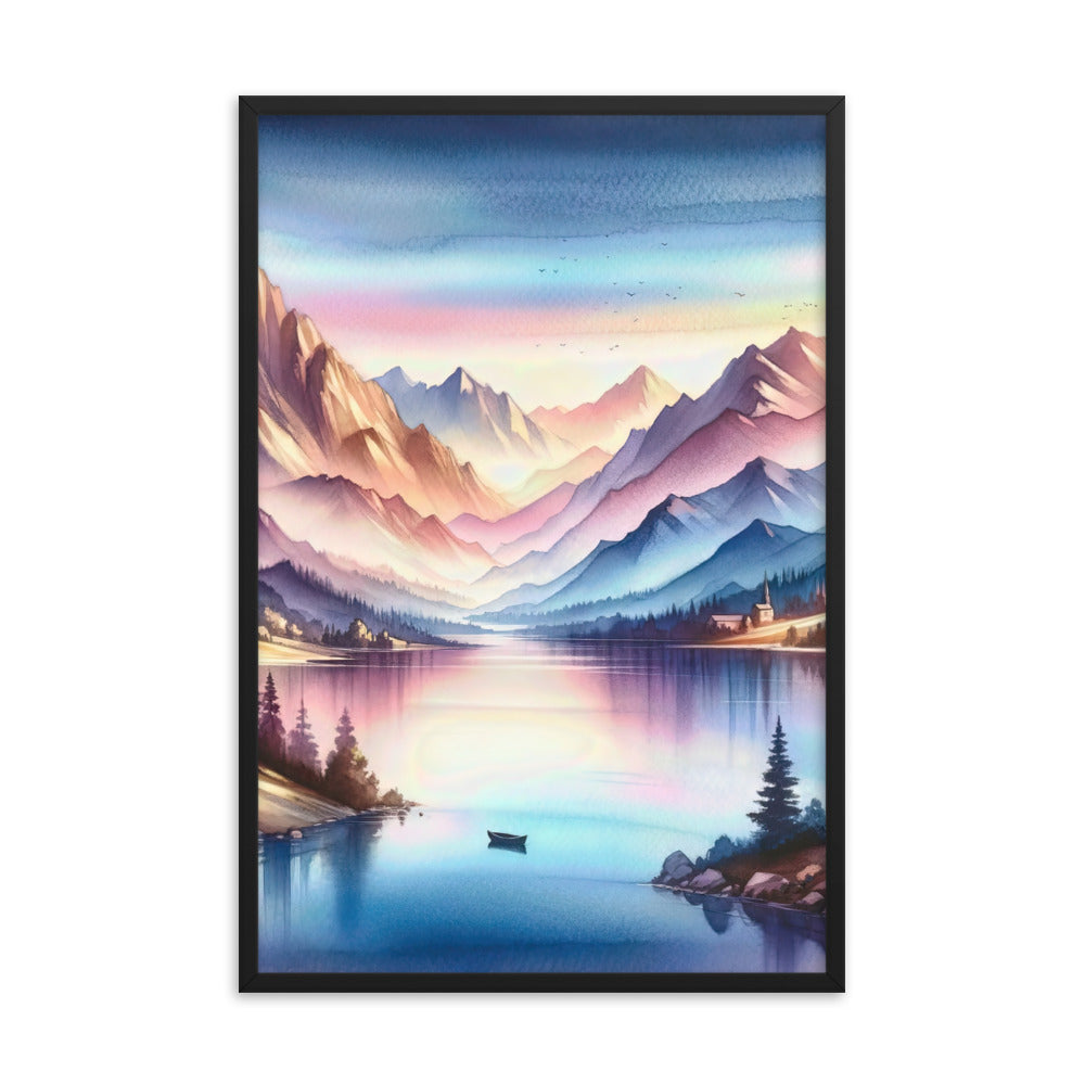 Aquarell einer Dämmerung in den Alpen, Boot auf einem See in Pastell-Licht - Premium Poster mit Rahmen berge xxx yyy zzz 61 x 91.4 cm