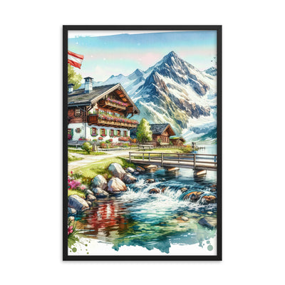 Aquarell der frühlingshaften Alpenkette mit österreichischer Flagge und schmelzendem Schnee - Premium Poster mit Rahmen berge xxx yyy zzz 61 x 91.4 cm