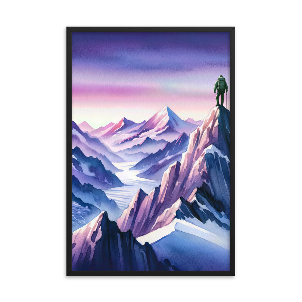 Aquarell eines Bergsteigers auf einem Alpengipfel in der Abenddämmerung - Premium Poster mit Rahmen wandern xxx yyy zzz 61 x 91.4 cm