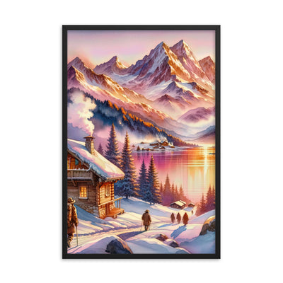 Aquarell eines Alpenpanoramas mit Wanderern bei Sonnenuntergang in Rosa und Gold - Premium Poster mit Rahmen wandern xxx yyy zzz 61 x 91.4 cm