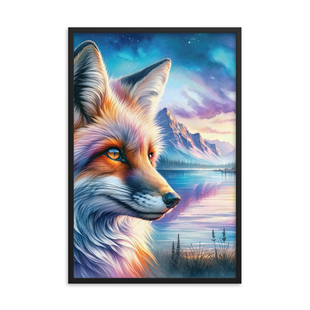 Aquarellporträt eines Fuchses im Dämmerlicht am Bergsee - Premium Poster mit Rahmen camping xxx yyy zzz 61 x 91.4 cm