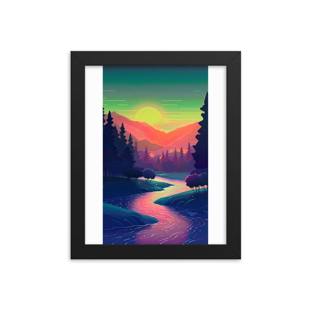 Berge, Fluss, Sonnenuntergang - Malerei - Premium Poster mit Rahmen berge xxx 20.3 x 25.4 cm