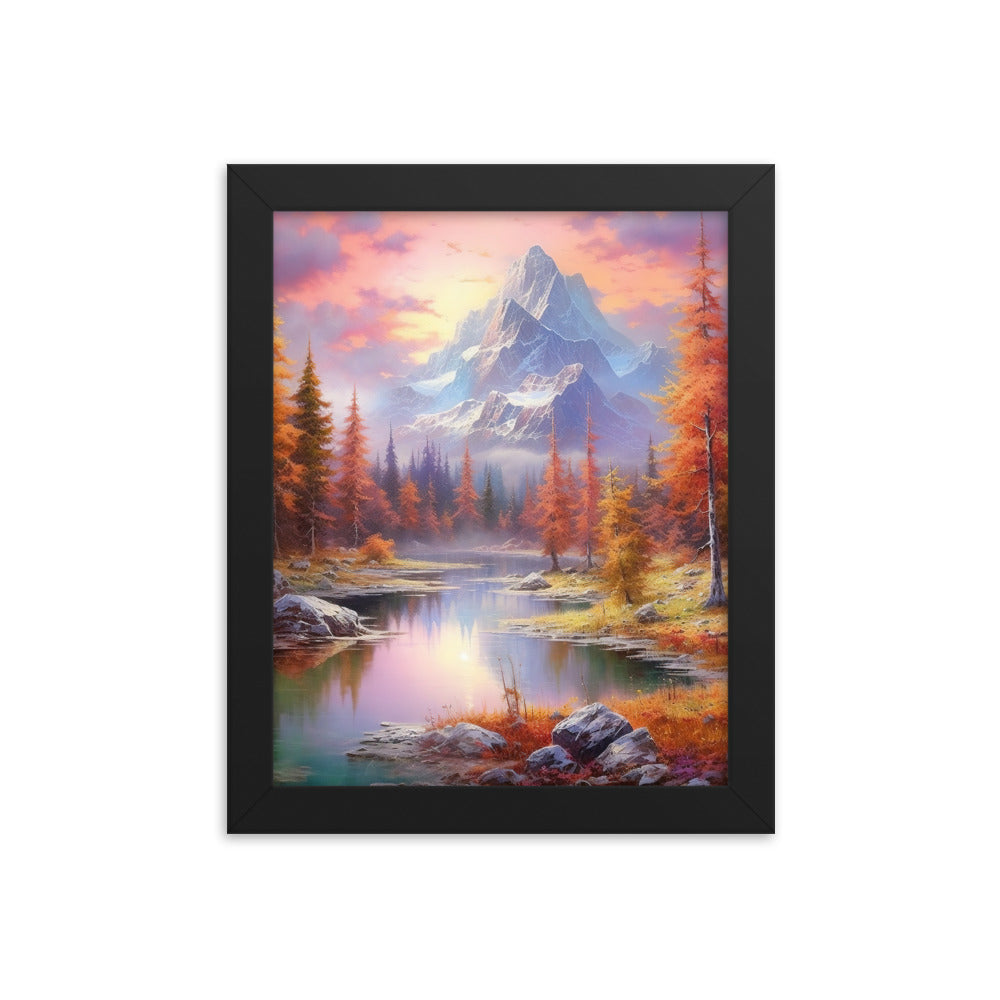 Landschaftsmalerei - Berge, Bäume, Bergsee und Herbstfarben - Premium Poster mit Rahmen berge xxx 20.3 x 25.4 cm