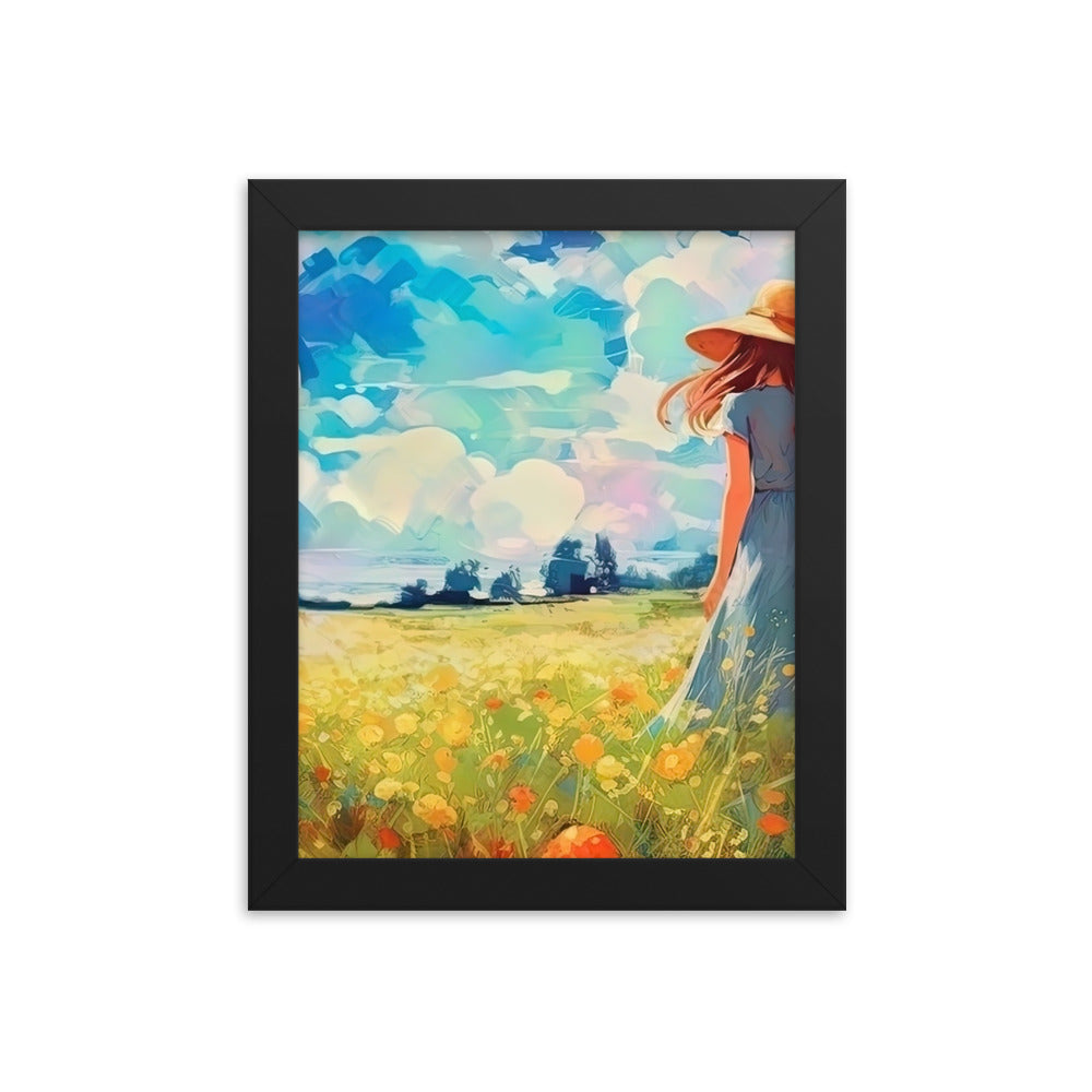 Dame mit Hut im Feld mit Blumen - Landschaftsmalerei - Premium Poster mit Rahmen camping xxx Black 20.3 x 25.4 cm