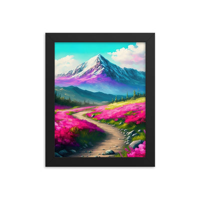 Berg, pinke Blumen und Wanderweg - Landschaftsmalerei - Premium Poster mit Rahmen berge xxx Black 20.3 x 25.4 cm