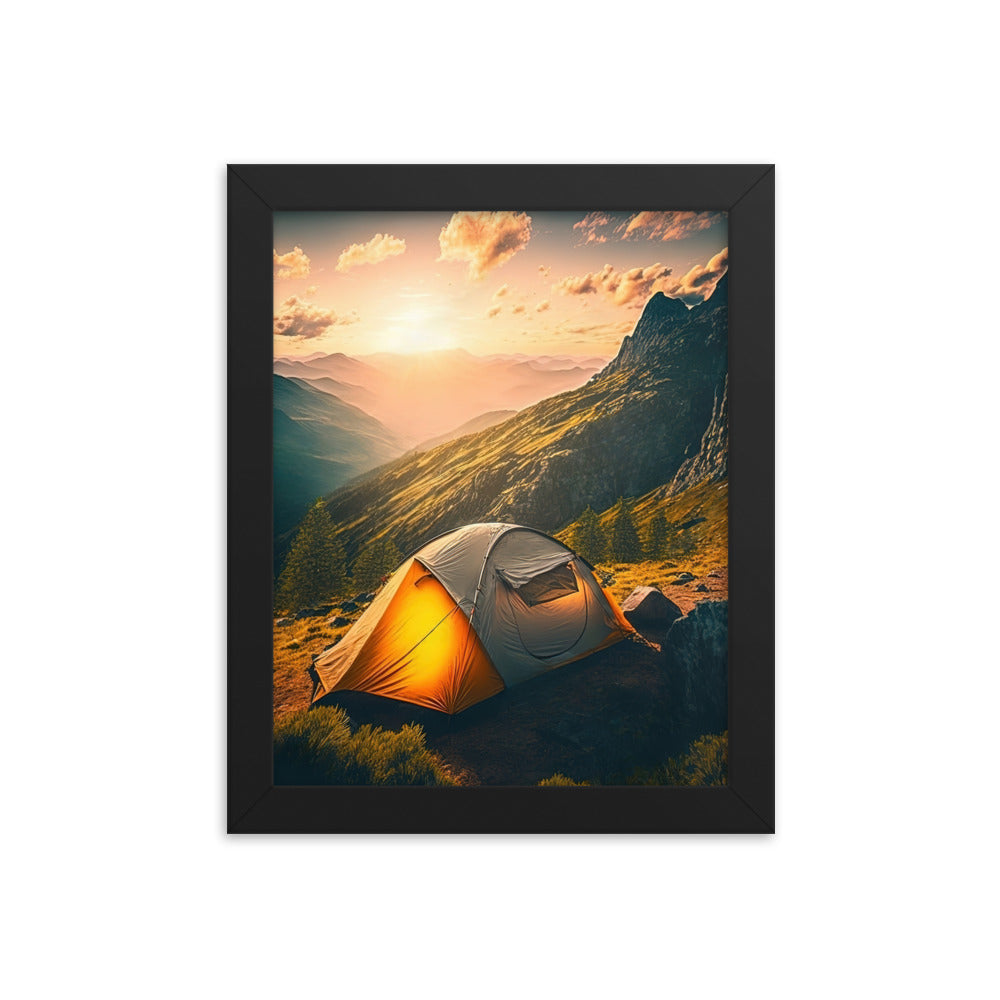 Zelt auf Berg im Sonnenaufgang - Landschafts - Premium Poster mit Rahmen camping xxx 20.3 x 25.4 cm