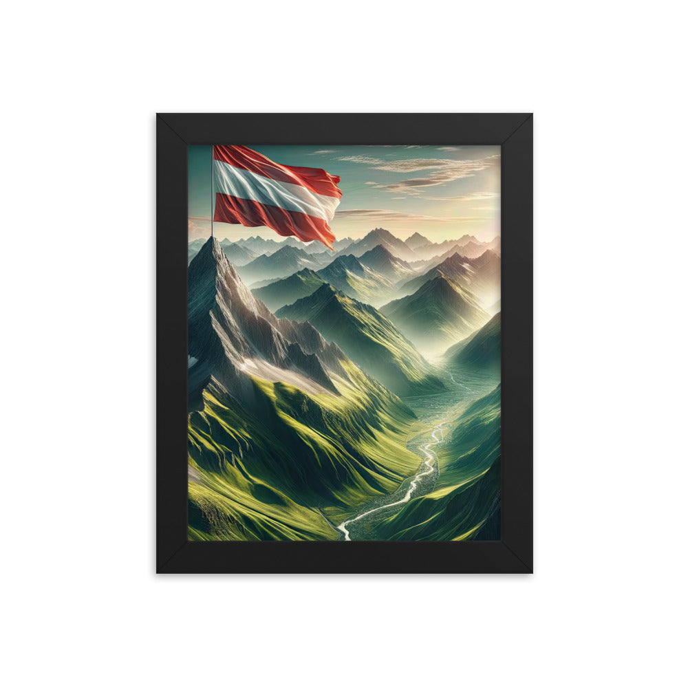 Alpen Gebirge: Fotorealistische Bergfläche mit Österreichischer Flagge - Premium Poster mit Rahmen berge xxx yyy zzz 20.3 x 25.4 cm