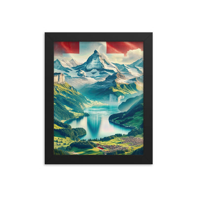 Berg Panorama: Schneeberge und Täler mit Schweizer Flagge - Premium Poster mit Rahmen berge xxx yyy zzz 20.3 x 25.4 cm