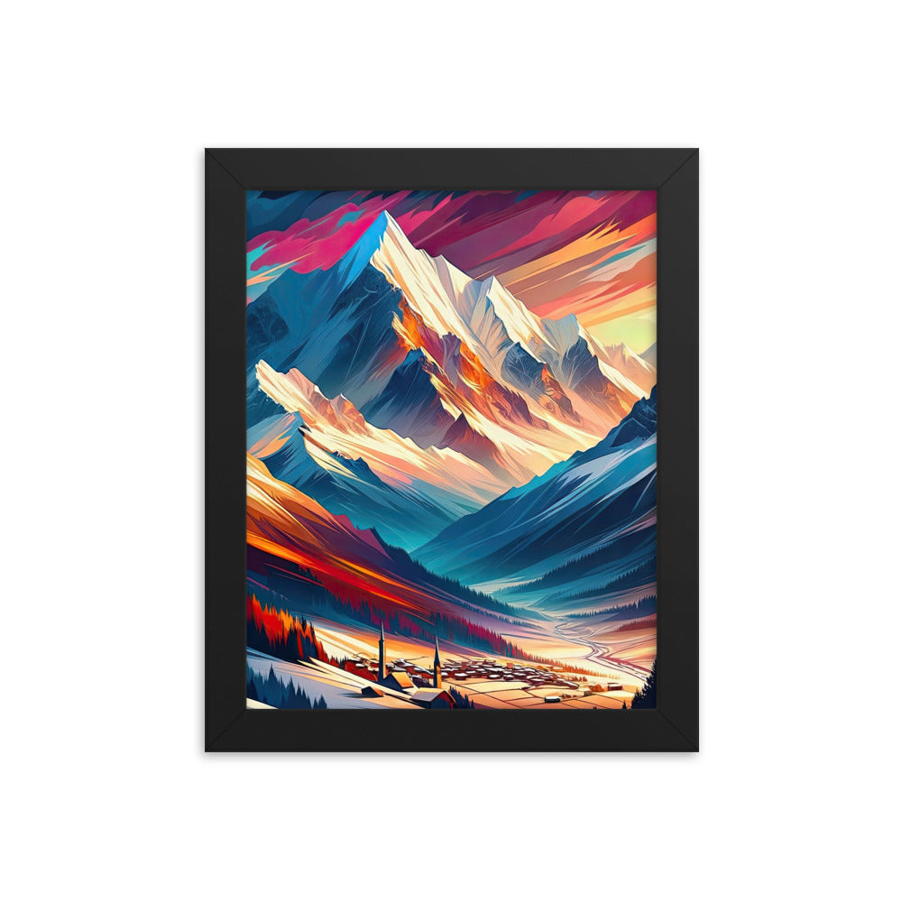 Moderne geometrische Alpen Kunst: Warmer Sonnenuntergangs Schein auf Schneegipfeln - Premium Poster mit Rahmen berge xxx yyy zzz 20.3 x 25.4 cm