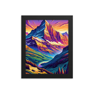 Bergpracht mit Schweizer Flagge: Farbenfrohe Illustration einer Berglandschaft - Premium Poster mit Rahmen berge xxx yyy zzz 20.3 x 25.4 cm