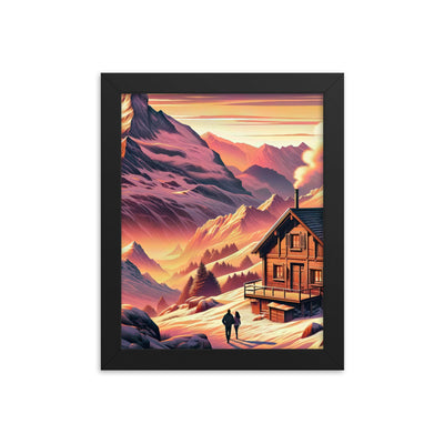 Berghütte im goldenen Sonnenuntergang: Digitale Alpenillustration - Premium Poster mit Rahmen berge xxx yyy zzz 20.3 x 25.4 cm