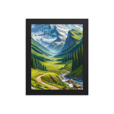Wanderer in den Bergen und Wald: Digitale Malerei mit grünen kurvenreichen Pfaden - Premium Poster mit Rahmen wandern xxx yyy zzz 20.3 x 25.4 cm