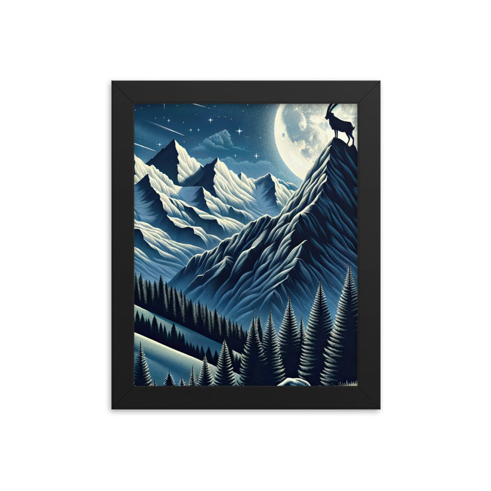 Steinbock in Alpennacht, silberne Berge und Sternenhimmel - Premium Poster mit Rahmen berge xxx yyy zzz 20.3 x 25.4 cm