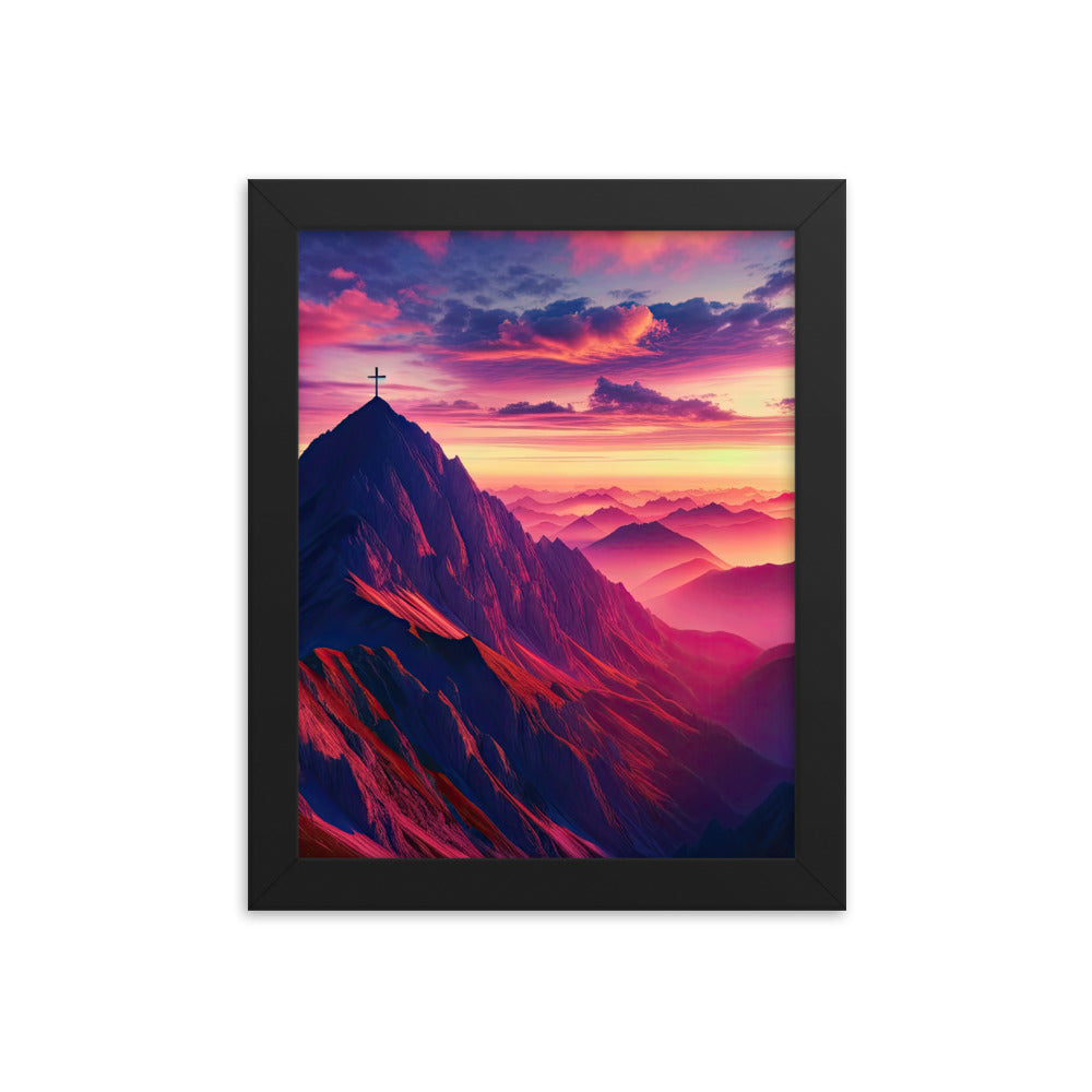 Dramatischer Alpen-Sonnenaufgang, Gipfelkreuz und warme Himmelsfarben - Premium Poster mit Rahmen berge xxx yyy zzz 20.3 x 25.4 cm