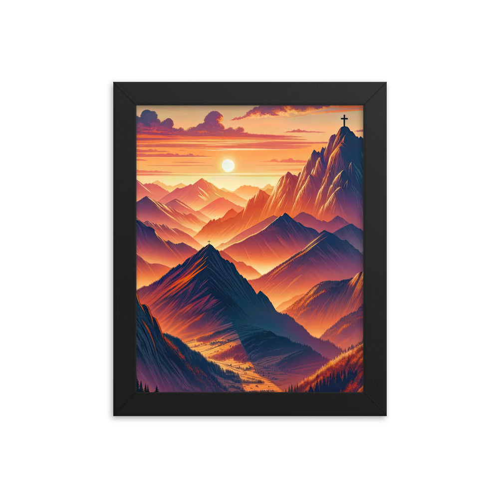 Dramatischer Alpen-Sonnenuntergang, Gipfelkreuz in Orange-Rosa - Premium Poster mit Rahmen berge xxx yyy zzz 20.3 x 25.4 cm