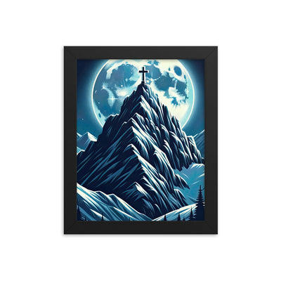 Mondnacht und Gipfelkreuz in den Alpen, glitzernde Schneegipfel - Premium Poster mit Rahmen berge xxx yyy zzz 20.3 x 25.4 cm