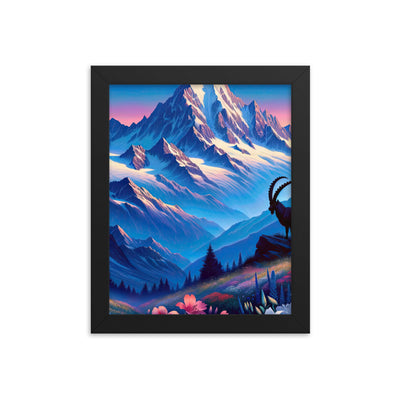 Steinbock bei Dämmerung in den Alpen, sonnengeküsste Schneegipfel - Premium Poster mit Rahmen berge xxx yyy zzz 20.3 x 25.4 cm