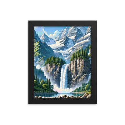 Illustration einer unberührten Alpenkulisse im Hochsommer. Wasserfall und See - Premium Poster mit Rahmen berge xxx yyy zzz 20.3 x 25.4 cm