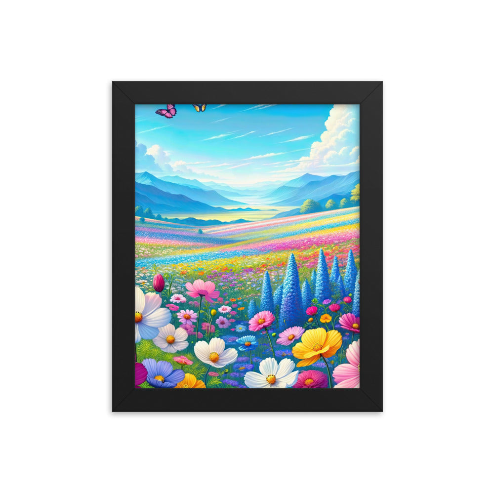 Weitläufiges Blumenfeld unter himmelblauem Himmel, leuchtende Flora - Premium Poster mit Rahmen camping xxx yyy zzz 20.3 x 25.4 cm