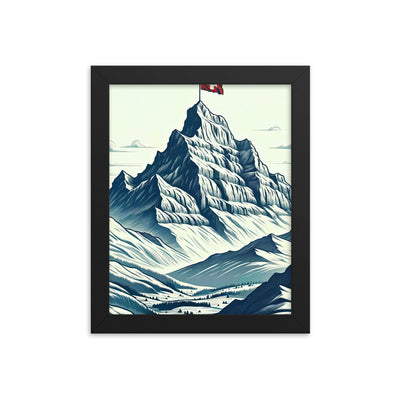 Ausgedehnte Bergkette mit dominierendem Gipfel und wehender Schweizer Flagge - Premium Poster mit Rahmen berge xxx yyy zzz 20.3 x 25.4 cm
