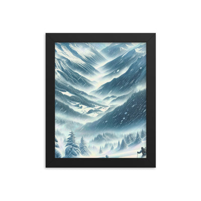 Alpine Wildnis im Wintersturm mit Skifahrer, verschneite Landschaft - Premium Poster mit Rahmen klettern ski xxx yyy zzz 20.3 x 25.4 cm