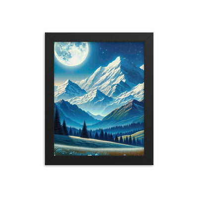 Klare frühlingshafte Alpennacht mit Blumen und Vollmond über Schneegipfeln - Premium Poster mit Rahmen berge xxx yyy zzz 20.3 x 25.4 cm