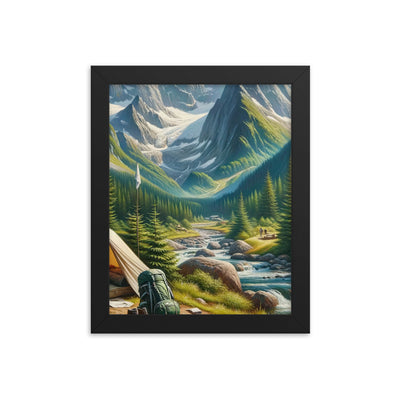 Ölgemälde der Alpensommerlandschaft mit Zelt, Gipfeln, Wäldern und Bächen - Premium Poster mit Rahmen camping xxx yyy zzz 20.3 x 25.4 cm