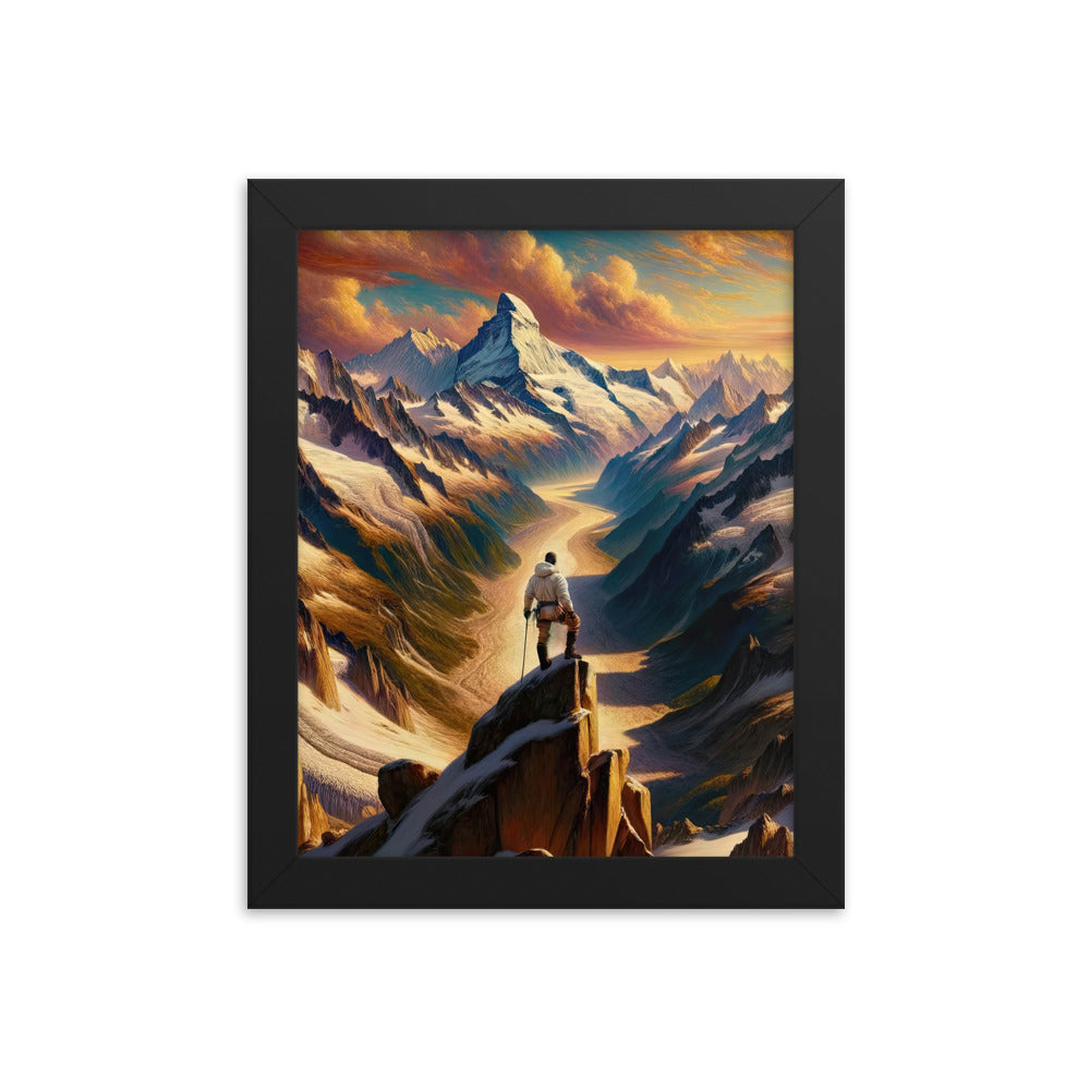 Ölgemälde eines Wanderers auf einem Hügel mit Panoramablick auf schneebedeckte Alpen und goldenen Himmel - Enhanced Matte Paper Framed wandern xxx yyy zzz 20.3 x 25.4 cm