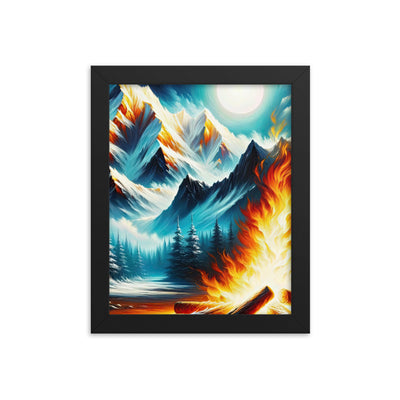 Ölgemälde von Feuer und Eis: Lagerfeuer und Alpen im Kontrast, warme Flammen - Premium Poster mit Rahmen camping xxx yyy zzz 20.3 x 25.4 cm