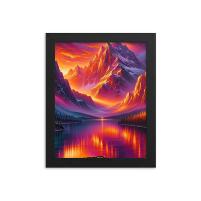 Ölgemälde eines Bootes auf einem Bergsee bei Sonnenuntergang, lebendige Orange-Lila Töne - Premium Poster mit Rahmen berge xxx yyy zzz 20.3 x 25.4 cm