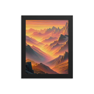 Ölgemälde der Alpen in der goldenen Stunde mit Wanderer, Orange-Rosa Bergpanorama - Premium Poster mit Rahmen wandern xxx yyy zzz 20.3 x 25.4 cm