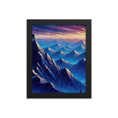 Ölgemälde eines ruhigen Alpenabends mit Bergsteigersilhouette auf dem Gipfel - Premium Poster mit Rahmen wandern xxx yyy zzz 20.3 x 25.4 cm