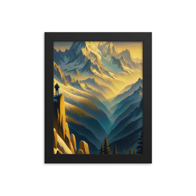 Ölgemälde eines Wanderers bei Morgendämmerung auf Alpengipfeln mit goldenem Sonnenlicht - Premium Poster mit Rahmen wandern xxx yyy zzz 20.3 x 25.4 cm