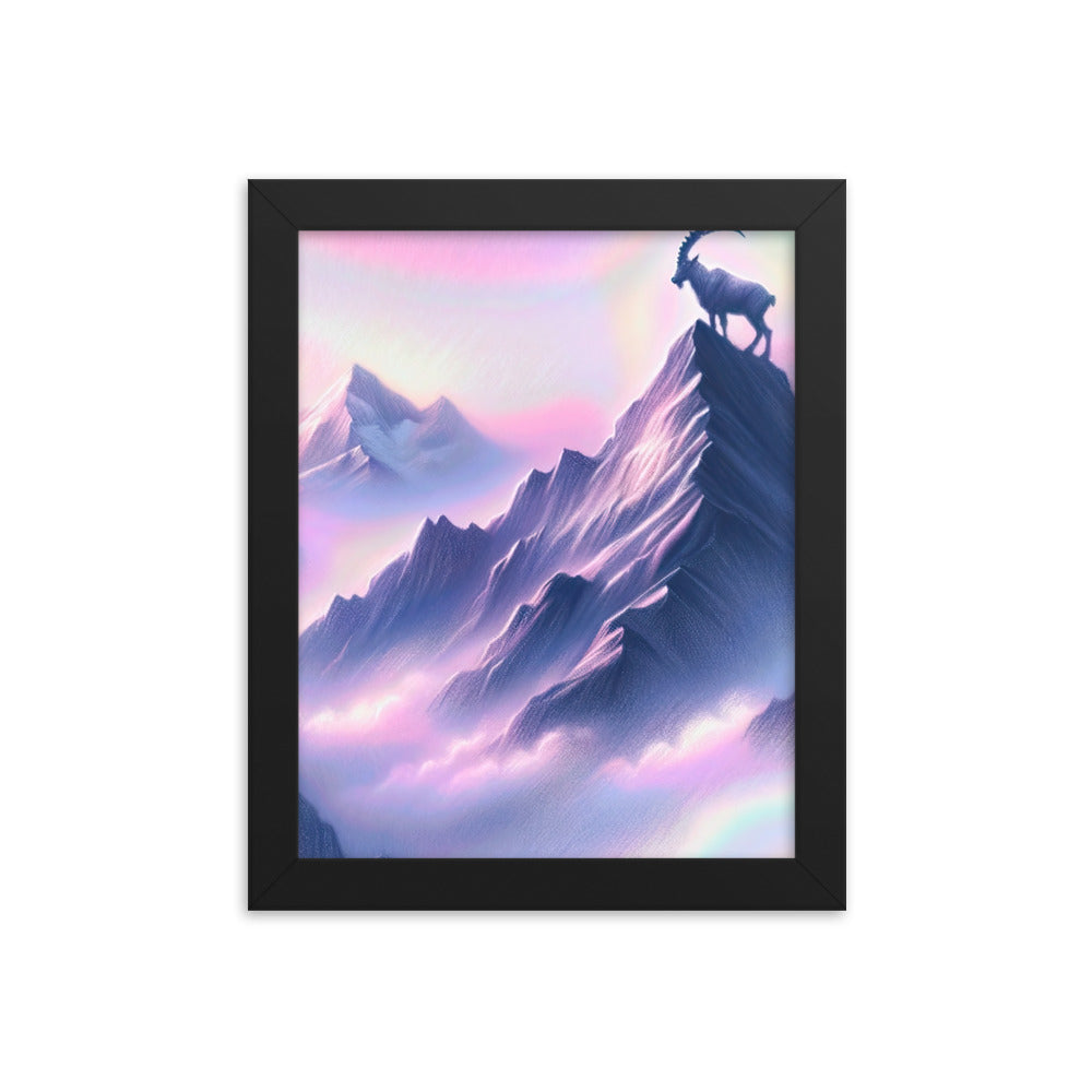 Pastellzeichnung der Alpen im Morgengrauen mit Steinbock in Rosa- und Lavendeltönen - Premium Poster mit Rahmen berge xxx yyy zzz 20.3 x 25.4 cm
