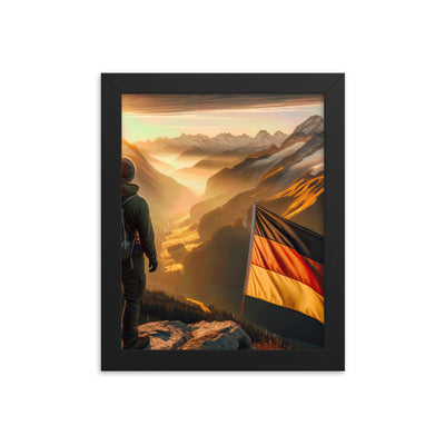 Foto der Alpen bei Sonnenuntergang mit deutscher Flagge und Wanderer, goldenes Licht auf Schneegipfeln - Enhanced Matte Paper Framed berge xxx yyy zzz 20.3 x 25.4 cm