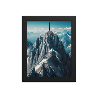 Foto der Alpen mit Gipfelkreuz an einem klaren Tag, schneebedeckte Spitzen vor blauem Himmel - Premium Poster mit Rahmen berge xxx yyy zzz 20.3 x 25.4 cm
