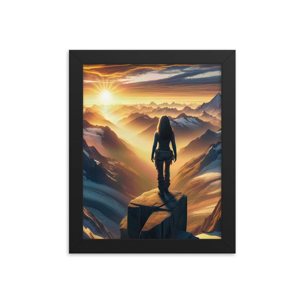 Fotorealistische Darstellung der Alpen bei Sonnenaufgang, Wanderin unter einem gold-purpurnen Himmel - Enhanced Matte Paper Framed wandern xxx yyy zzz 20.3 x 25.4 cm