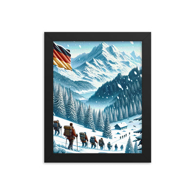 Quadratische Winterillustration der Alpen mit deutscher Flagge und Wanderteam - Premium Poster mit Rahmen wandern xxx yyy zzz 20.3 x 25.4 cm