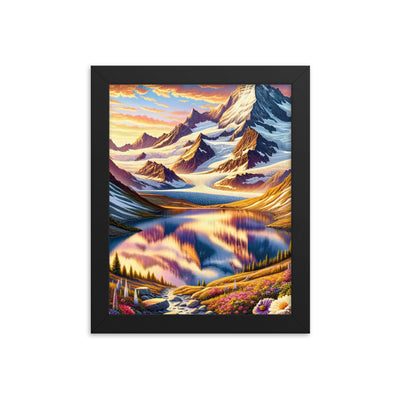 Quadratische Illustration der Alpen mit schneebedeckten Gipfeln und Wildblumen - Premium Poster mit Rahmen berge xxx yyy zzz 20.3 x 25.4 cm