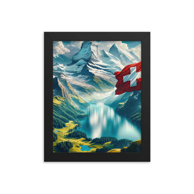 Ultraepische, fotorealistische Darstellung der Schweizer Alpenlandschaft mit Schweizer Flagge - Premium Poster mit Rahmen berge xxx yyy zzz 20.3 x 25.4 cm