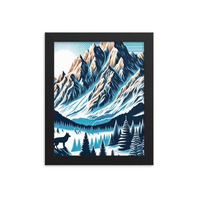 Vektorgrafik eines Wolfes im winterlichen Alpenmorgen, Berge mit Schnee- und Felsmustern - Premium Poster mit Rahmen berge xxx yyy zzz 20.3 x 25.4 cm