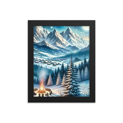 Aquarell eines Winterabends in den Alpen mit Lagerfeuer und Wanderern, glitzernder Neuschnee - Premium Poster mit Rahmen camping xxx yyy zzz 20.3 x 25.4 cm